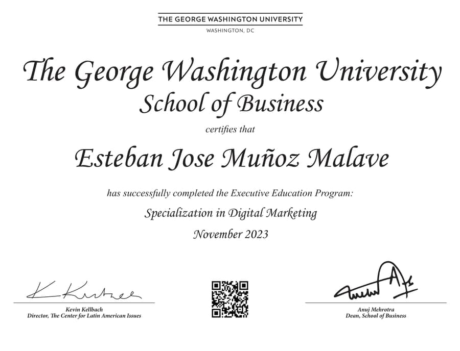 Certificado de The George Washington University — Specialization in Digital Marketing, a nombre de Esteban Jose Muñoz Malave