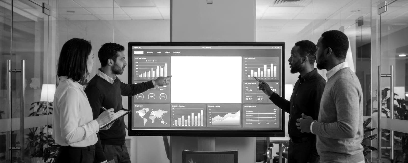 Equipo analizando resultados en pantalla, blanco y negro
